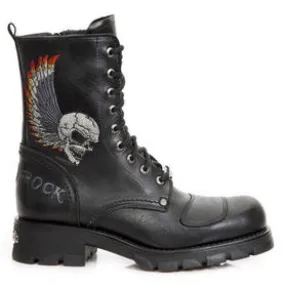 Bottines Biker en cuir noir avec motif tête de mort M.7645-C1