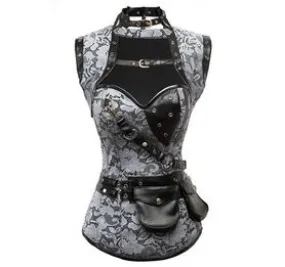 Corset gothique gris et sa mini cape en tissu brocarde et simili cuir