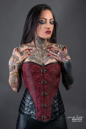 Corset rock gothique en tissu brocarde rouge et simili cuir noir