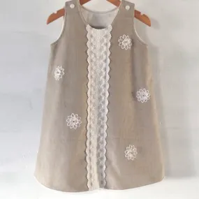 Robe chasuble en velours côtelé beige et dentelle - 3 ans