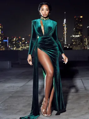 Robe de soirée verte longue en velours manches longues fendues col montant brodé ⋆ Revenge Dress